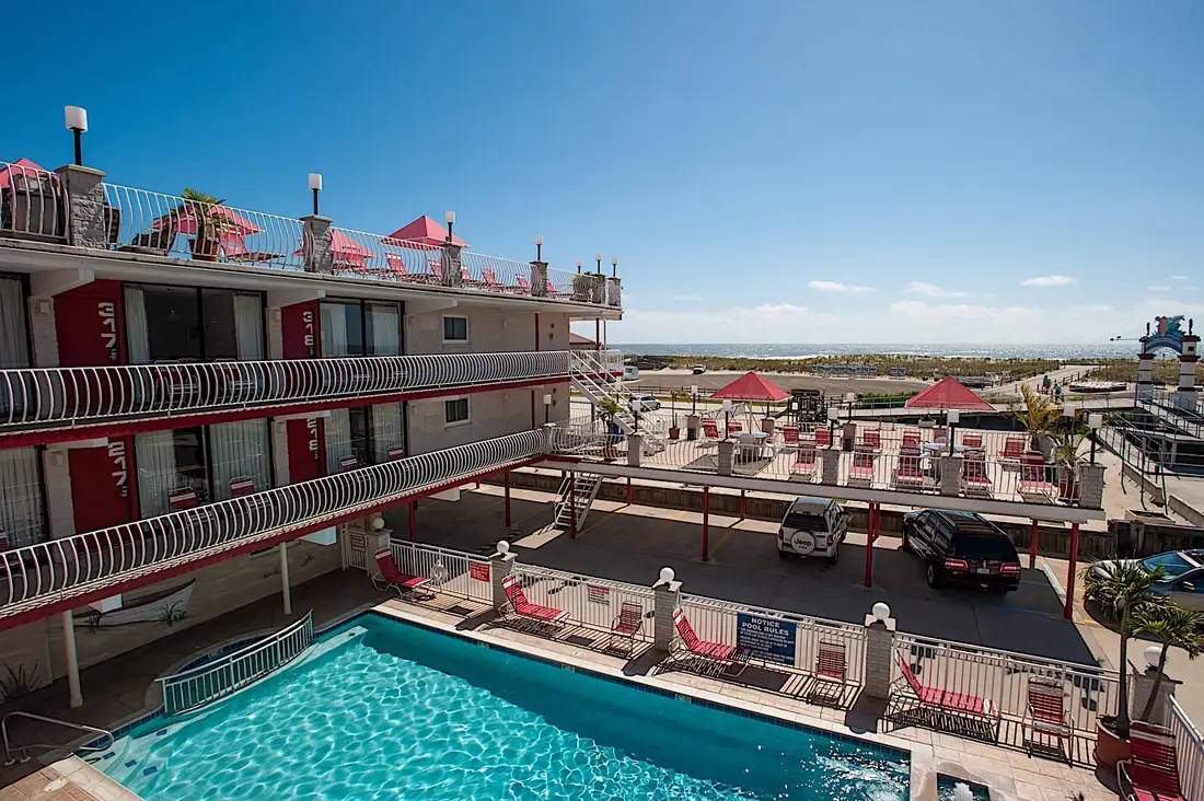The ocean view from an upper front balcony at the Matador, looking across the boardwalk and dunes to the Atlantic