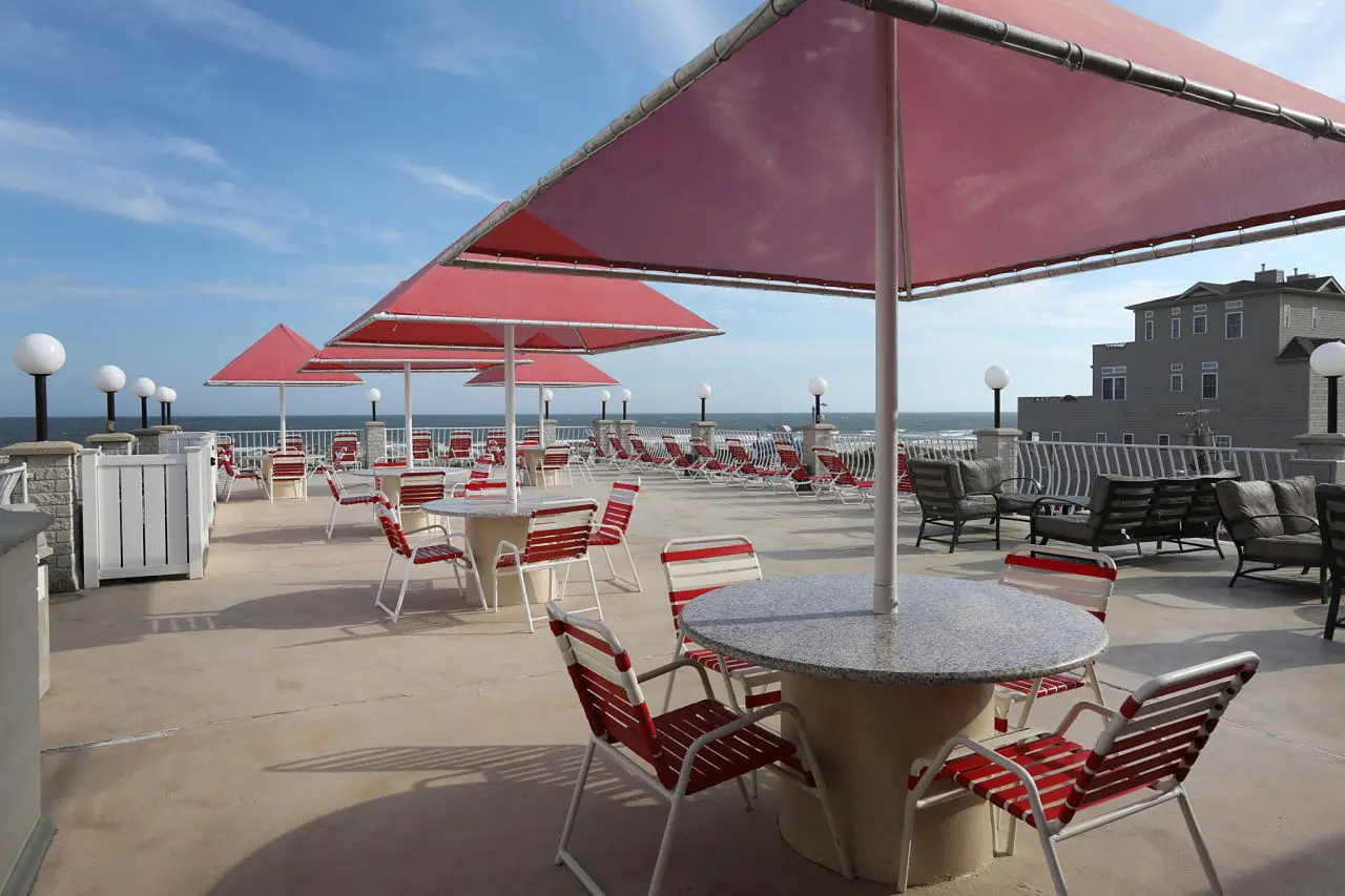 The fourth-floor sundeck at the Matador, loungers set out facing the ocean